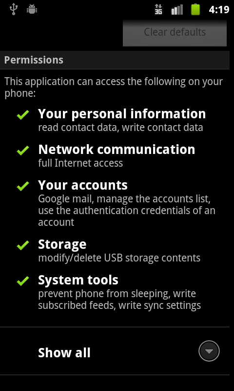 Permissions of an Installed Application -- gMail