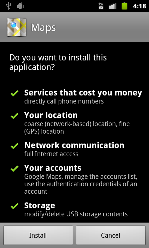 Permissions at Application Install -- Google Maps